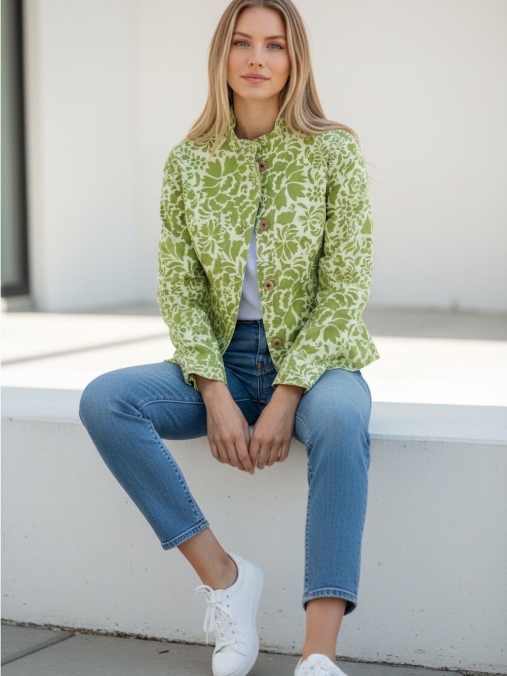 Coldwater Creek Light Green Floral Jacquard Statement Jacket -Large 100% Cotton